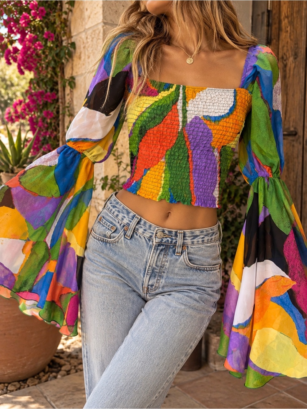 Live 4 Truth Multicolor Abstract Smocked Bell Sleeve Crop Top S
